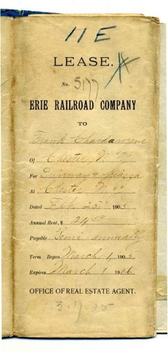 Erie R. R. Co. Lease # 5177 on 20 July 1905 for a driveway & piazza (the veranda of a house) of Frank Chardivoyne, Chester, N. Y.  chs-007732